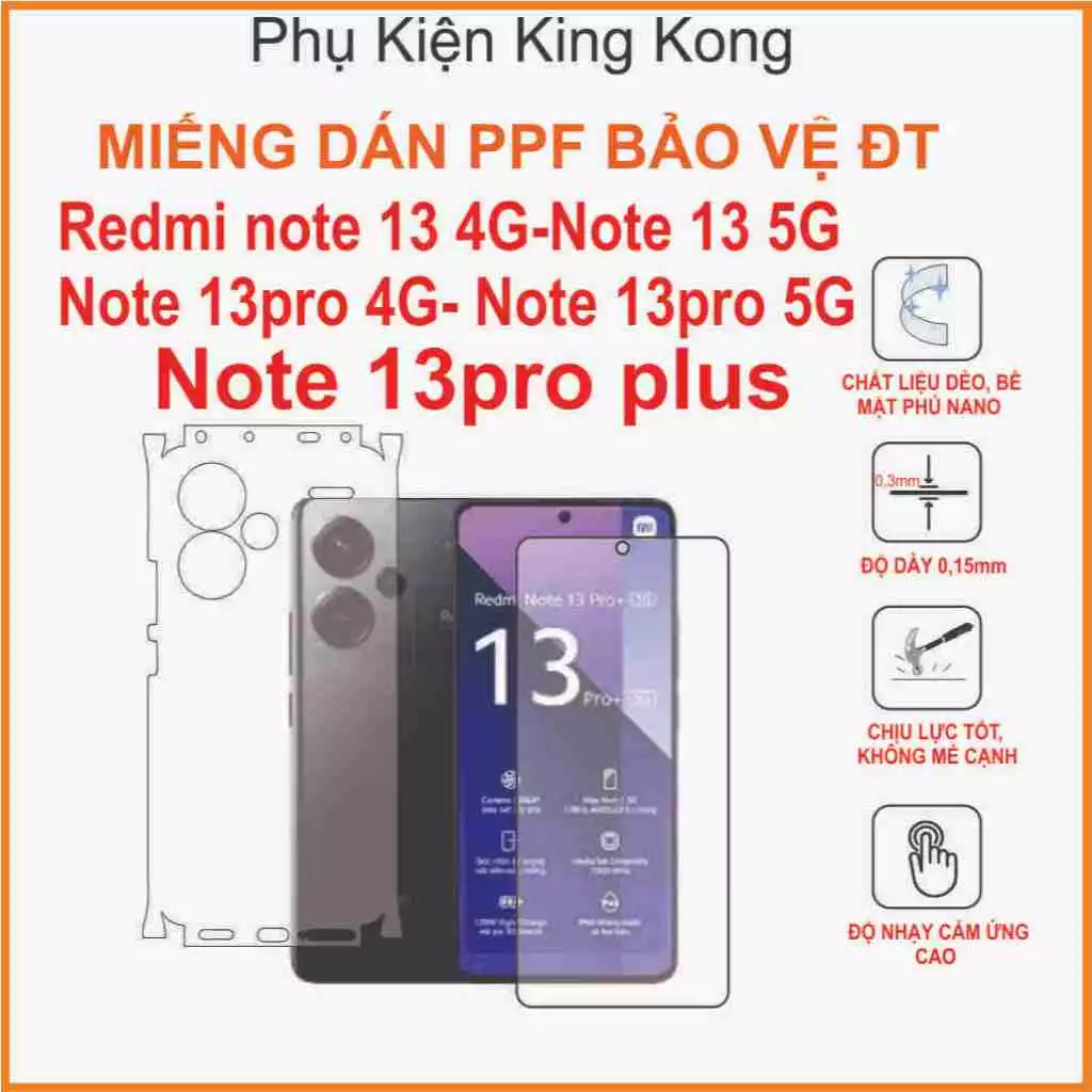 Miếng dán Ppf Redmi note 13 4G / note13 5G / note 13pro 4g / note 13pro 5g/ note 13pro+ Dán full màn hình