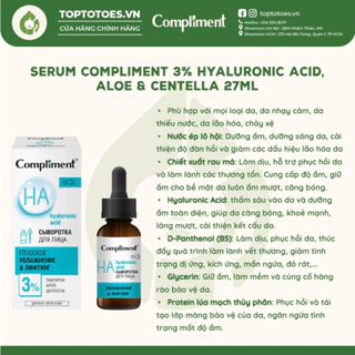 Serum Compliment 3% Hyaluronic acid, Aloe & Centella cấp nước, dưỡng ẩm, nâng cơ, trẻ hoá da 27ml