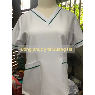 Bộ Scrubs Mẫu trắng viền Xanh dương - Xanh Lá cotton - blouse cổ tim, đồng phục điều dưỡng, spa, thẩm mỹ viện, dược sĩ .