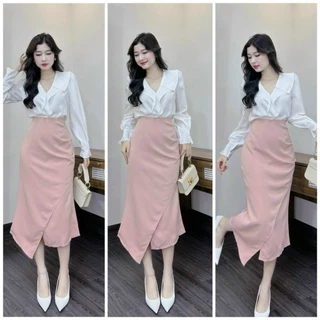 Sét váy nữ mặc đi tiệc áo cotton lạnh thiết kế cổ tim phối bèo tay dài tiểu thư mix chân váy kaki maxi lưng cao chéo tà