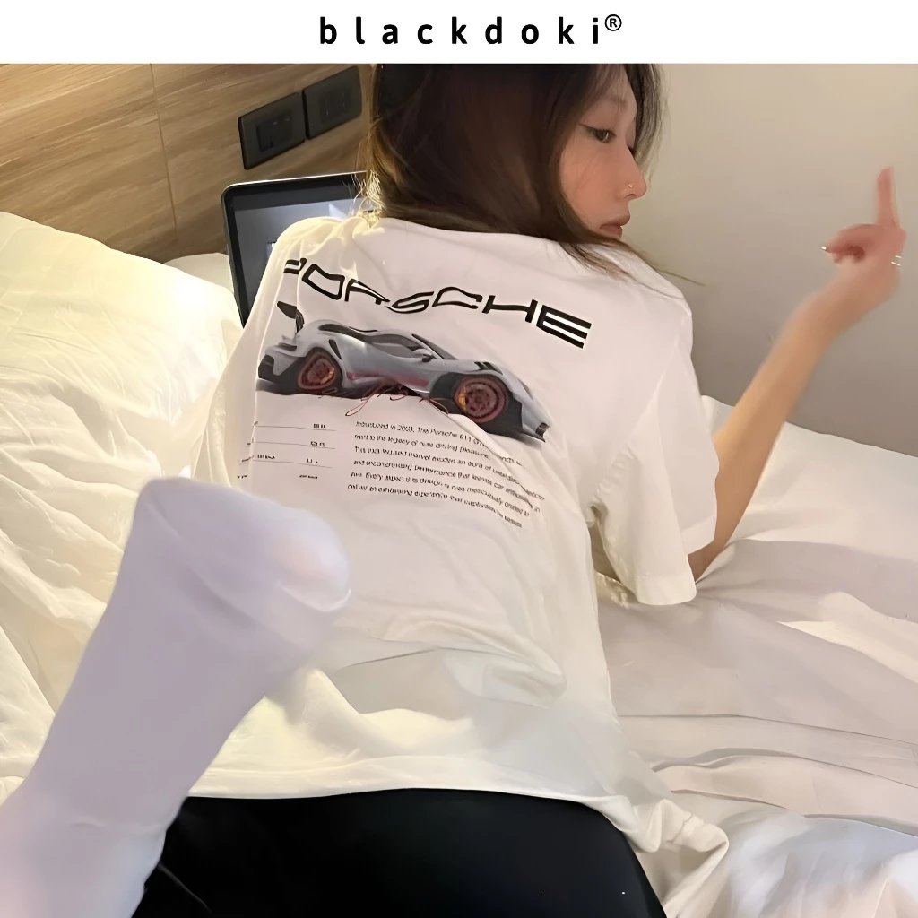 Áo thun nữ PORSCHE form rộng , áo phông basic unisex 260gsm cotton oversize đen BLACKDOKI