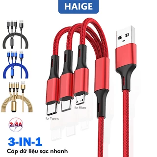 HAIGE Cáp Sạc Nhanh 3 Trong 1,2.4A Nhiều màu, chống mài mòn, có thể sạc cùng lúc,1.2m