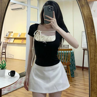 Áo Cổ Vuông Tay Ngắn Phối Nơ Kiểu Nhún Ngực - Umelyn Clothes