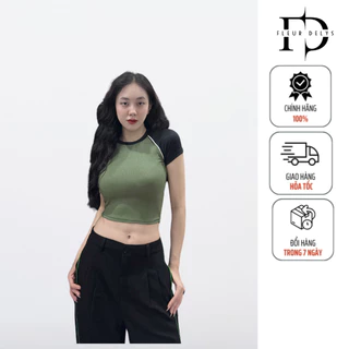 Áo croptop nữ Delys AC240 cổ tròn xanh rêu đậm phối tay áo đen ôm body tôn dáng