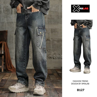 Quần jean nam túi hộp cargo pants Xmlab dáng suông dài phong cách retro, quần bò nam cargo pant ống rộng hiphop B127