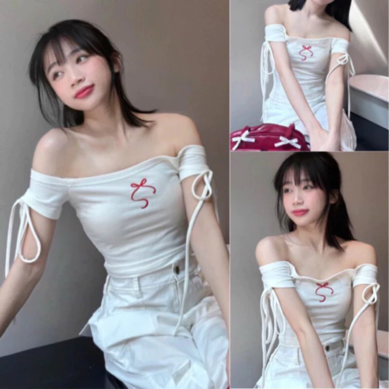 Áo croptop trễ vai thêu nơ chất cotton dày dặn A275