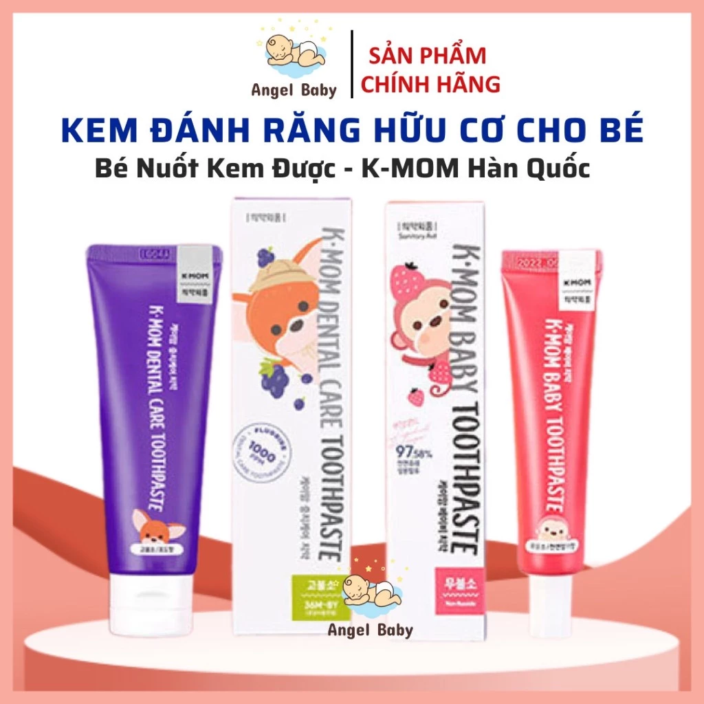 Kem đánh răng trẻ em hữu cơ thương hiệu K-MOM Hàn Quốc, bé nuốt kem được, ngừa sâu răng hiệu quả, an toàn cho bé