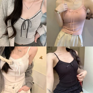 Áo Hai Dây Nữ Thun Tăm Viền Ren Đính Nơ Nhỏ Croptop Cao Cấp Vải Cotton Co Dãn Tốt Siêu Hot Ms146