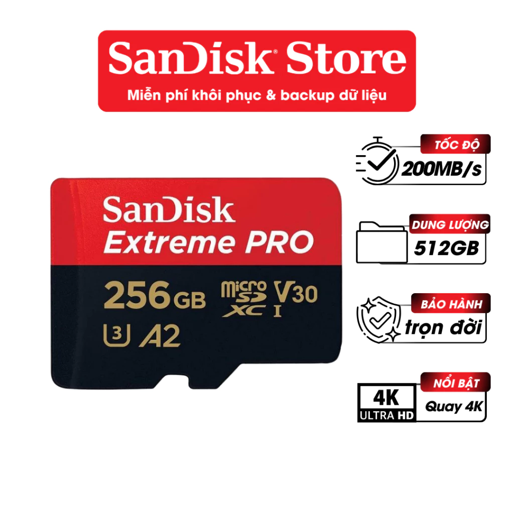 Thẻ nhớ MicroSDXC Sandisk Extreme Pro 32GB 64GB 128GB 256GBV30 U3 UHS-I upto 200MB/s BH trọn đời
