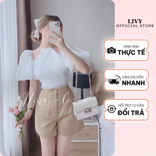 Set Áo Cổ Yếm Tay Bồng Thắt Nơ Lưng Phối Quần Sooc Dáng A Tôn Dáng Sexy Freesize