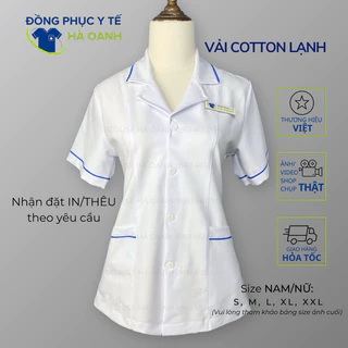 [CAO CẤP] Áo Blouse trắng dáng ngắn vải COTTON LẠNH Hàn Quốc DÀY MÁT cho y tá/điều dưỡng phối viền xanh dương/xanh lá/đỏ