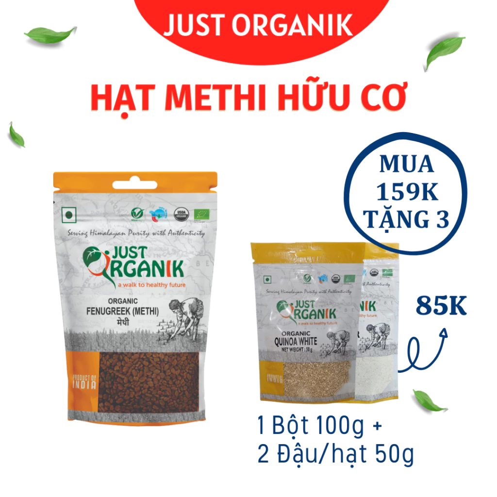 Hạt MeThi Hữu Cơ Just Organik Ấn Độ Làm Bánh Pha Uống Hỗ Trợ Ổn Định Đường Huyết - 100g