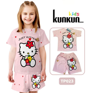 Đồ bộ trẻ em thun lạnh in 3d hình mèo kitty hồng cộc tay cho bé gái size từ 10-60kg KunKun TP023