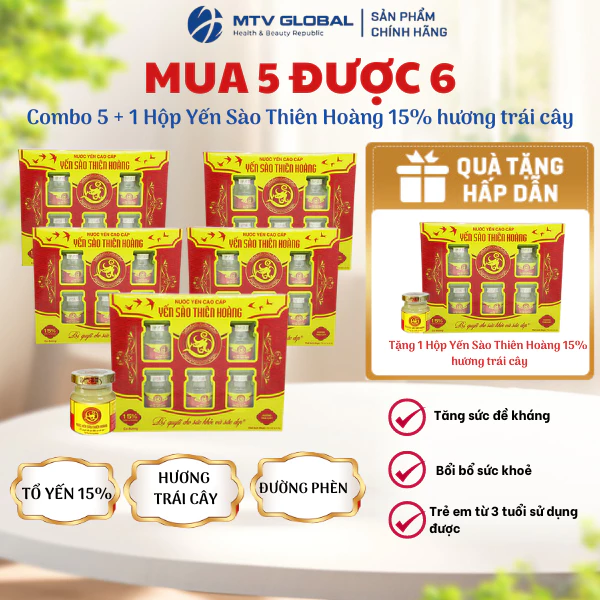 Combo 5 Hộp Yến Sào Cao Cấp Thiên Hoàng 15% Có Đường (Hộp 6 lọ x 70ml)- Nước Yến Chưng Sẵn Làm Quà Tặng Bồi Bổ Sức Khỏe