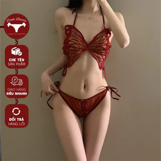 Bộ đồ lót ngủ sexy DL42 gồm áo lót  kiểu yếm họa tiết cánh bướm xuyên thấu và quần cột dây hông