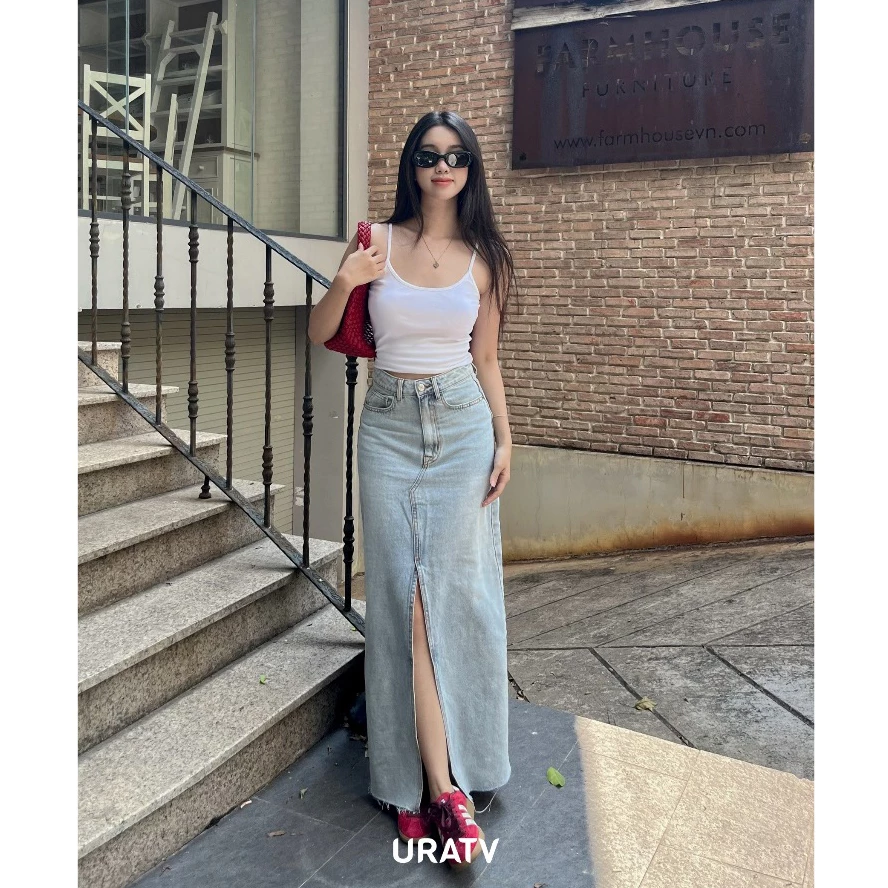 Chân váy jean midi xẻ trước M17 URATV