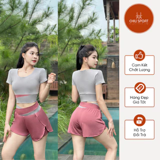 Bộ croptop tập gym, yoga aerobic nữ 💖𝑭𝑹𝑬𝑬𝑺𝑯𝑰𝑷💖 Đồ tập gym nữ áo cộc tay phối màu chất thun poly co giãn kèm mút - Ng29