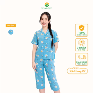 Đồ bộ nữ Pijama lanh mặc nhà thời trang Việt Thắng,quần lửng áo cộc tay họa tiết dễ thương B06.2416