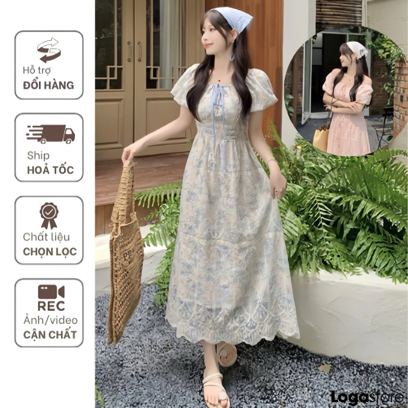 Đầm cổ vuông tay bồng thêu hoa nổi, váy dáng dài cổ vuông thắt nơ ngực vải thô boi thêu nổi Logastore_L979