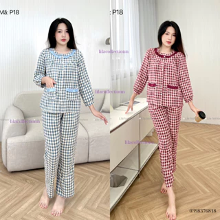 Bộ đồ Pijama -P18 mặc nhà nữ kẻ caro Lila cổ nhún bèo phối chất thô cotton mềm mịn,thấm hút mồ hôi