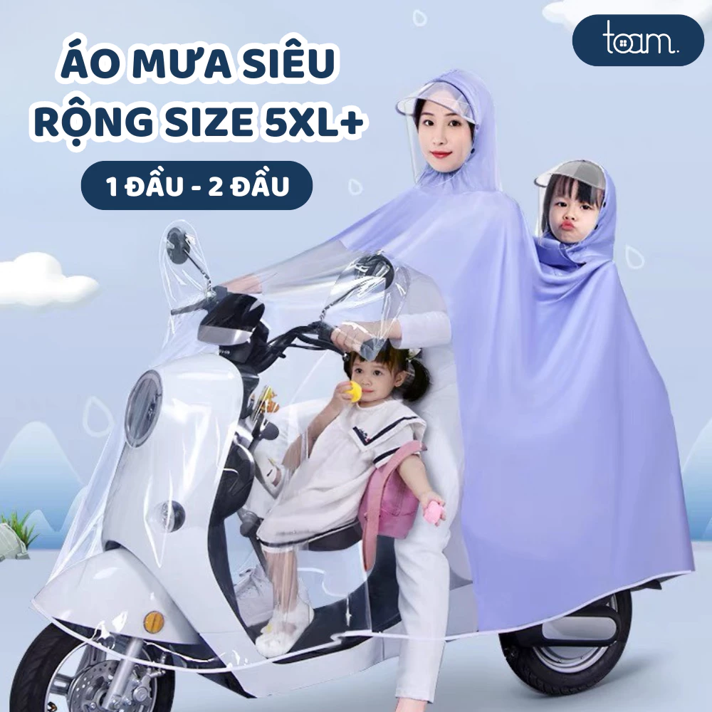 Áo mưa nửa trước trong suốt cho Mẹ và Bé, che phủ toàn thân, kèm kính chắn mưa, Áo 1 đầu và 2 đầu siêu dai