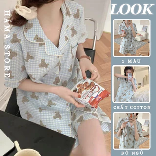 Bộ Đồ Ngủ Pijama Nữ Tay Ngắn Họa Tiết Cute Đơn Giản Màu Xanh Phong Cách Hàn Quốc -BNN46