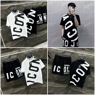 Bộ đồ nam cộc tay mặc hè Dsq2 in chữ ICON chéo áo ngang quần đen trắng vải cotton co giãn siêu đẹp