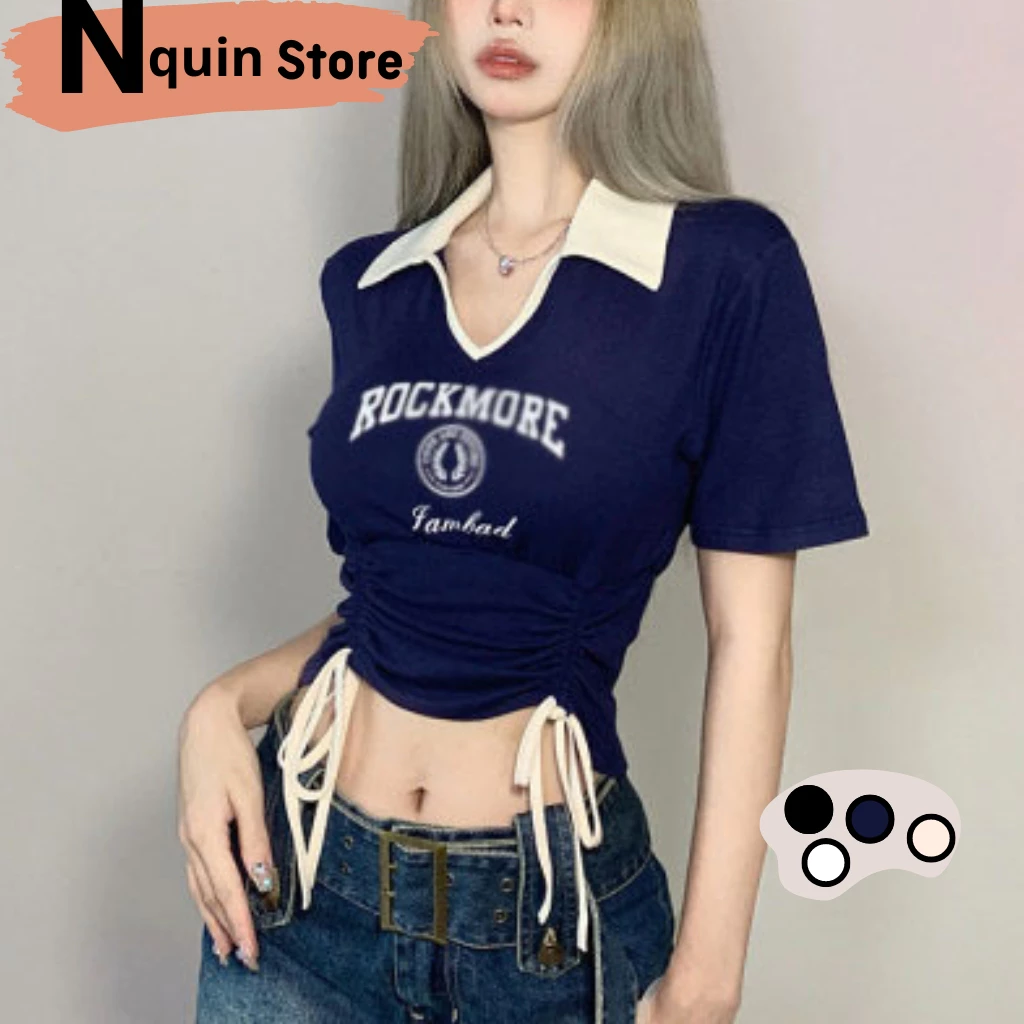 Áo croptop tay ngắn cổ Polo,áo thun nữ được thiết kế dáng ôm phối dây rút 2 bên phong retro thời trang nữ nquin Store