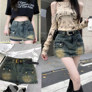 Chân Váy Jeans Cạp Cao Dáng Chữ A  Túi Hộp Có Quần Trong Phong Cách Hàn Quốc Kiểu Dáng Hot Trend