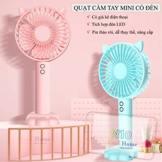 Quạt Mini Cầm Tay Tích Điện Có Đèn Hình Tai Mèo Dễ Thương Cute