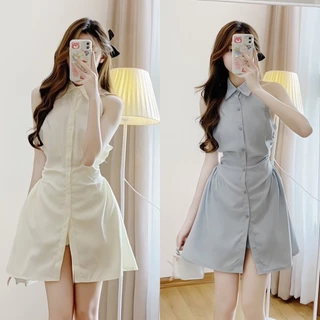 Set bộ đồ nữ áo cổ sơ mi ngắn tay xòe nhún mocking eo kèm quần short cùng tone màu trơn siêu xinh dành cho các nàng