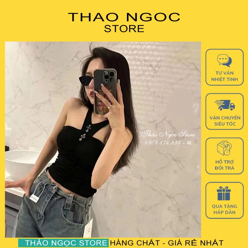 Áo thun kiểu cổ yếm đính tag form croptop hàng chuẩn mẫu! (có sẵn, hình thật) THẢO NGỌC STOTE