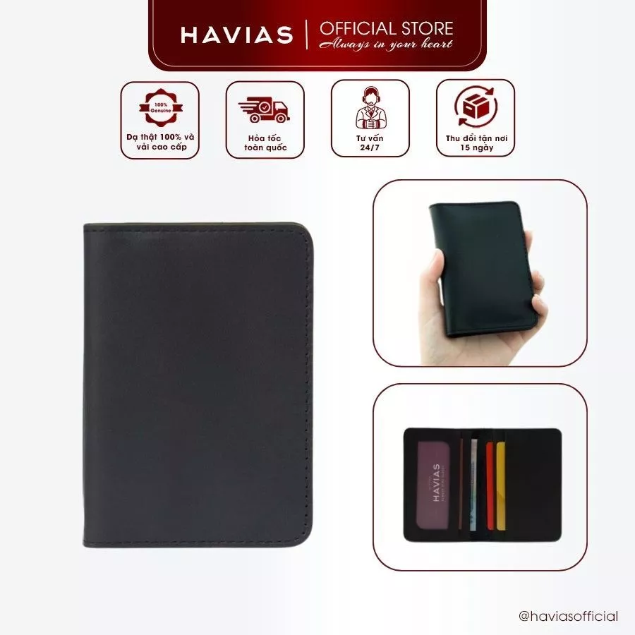 Ví Da HAVIAS Da Bò Nappa thật 100% dáng đứng gập đôi ví da nam nữ dáng đứng mini thời trang SATONI