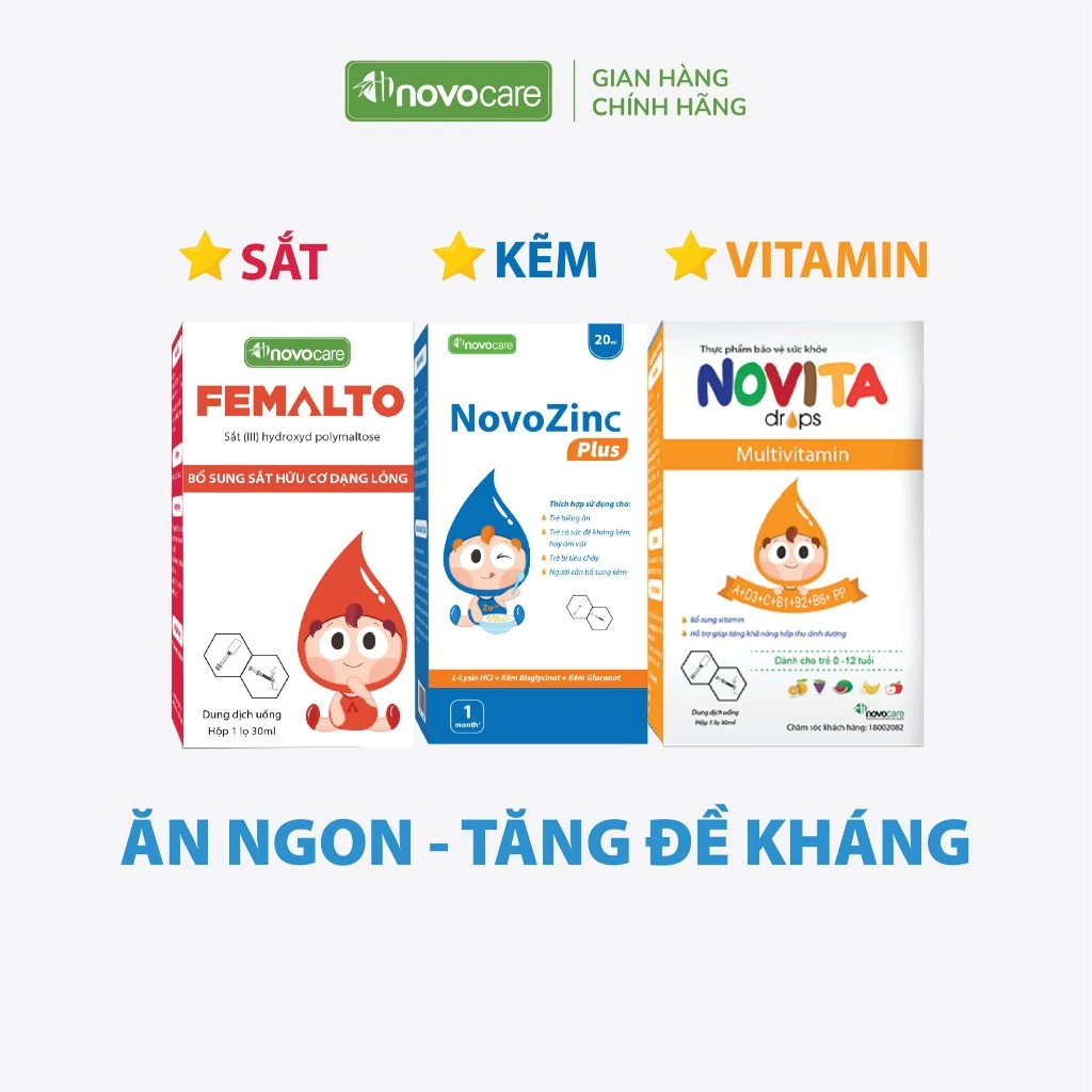 Thực phẩm bổ sung sắt kẽm vitamin Novocare - Kẽm NovoZinc Plus, Sắt Femalto, Vitamin Novita nhỏ giọt