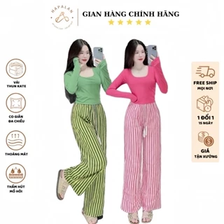 Set Đồ Bộ Nữ Dài Tay Croptop Quần Suông Set Quần Áo Croptop Nữ Chất Kate Kẻ Sọc Mịn 45-85kg XM Hapalan DÀI SỌC CROPTOP