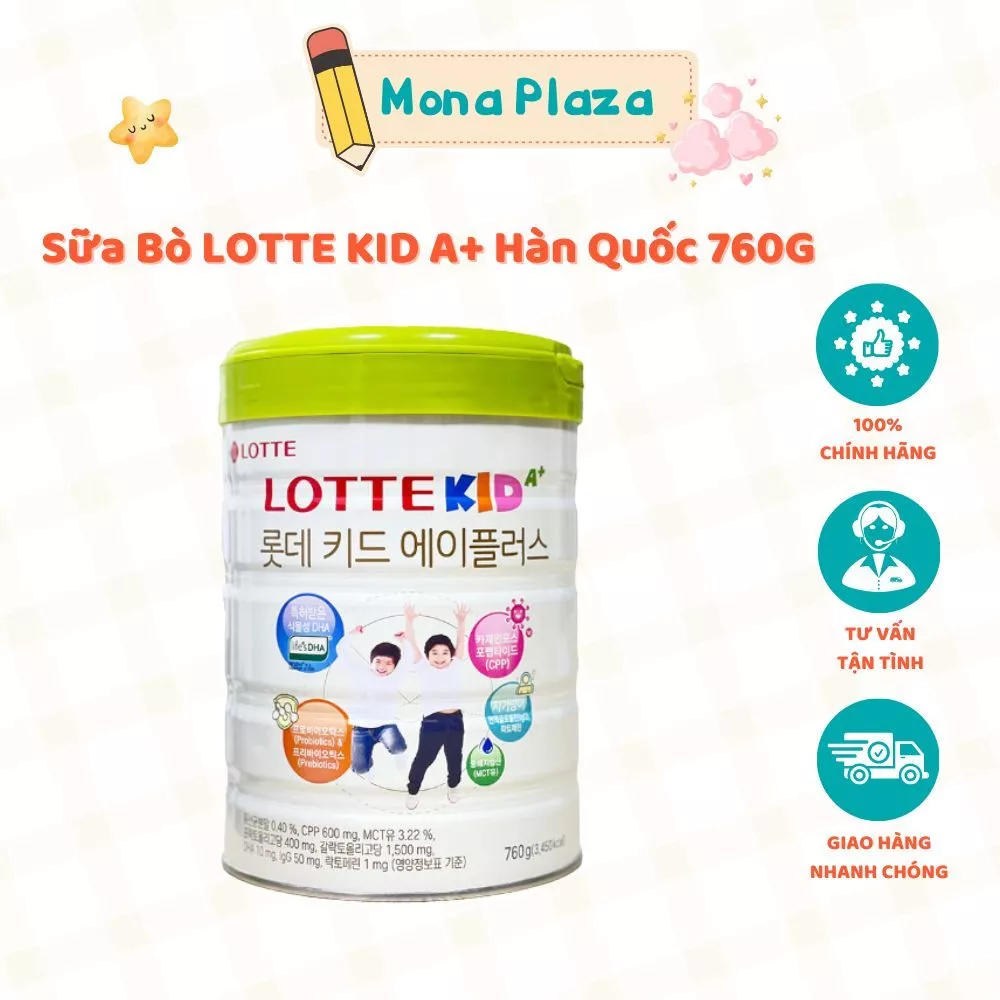 Sữa Bò Lotte Kid A+ Giúp Phát Triển Chiều Cao Lon 760g Từ 1 Tuổi - Sữa Bột Bổ Sung Canxi Giúp Ổn Định Hệ Tiêu Hóa Của Bé