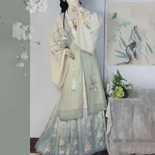 Cổ Tích Nguyên Bản Hanfu Nữ Minh Cổ Tròn Đứng Cổ Áo Sơ Mi Dài Eo Dài Xếp Ly Váy Hanfu Mây Vai Xuân Hè