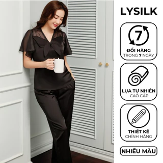 Bộ đồ ngủ nữ pyjama Lụa cộc tay cao cấp LYSILK  - BN345 - Bộ mặc nhà nữ- Áo ngắn tay nữ quần dài đen trơn