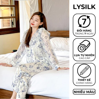 Bộ đồ pyjama Lụa cao cấp thiết kế dài tay LYSILK - TET01 - Áo dài tay nữ quần dài họa tiết hoa