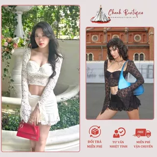 Set áo ren corset nữ cúp ngực tay loe mix chân váy đuôi cá ngắn sexy có quần trong màu trắng đen