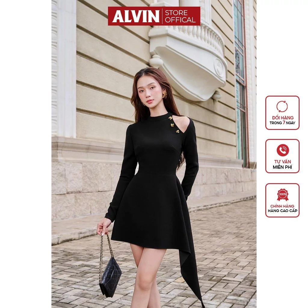 Đầm Dự Tiệc Kiểu Tay Dài Hở Vai Đính Nút Sang Trọng Alvin Store 1612