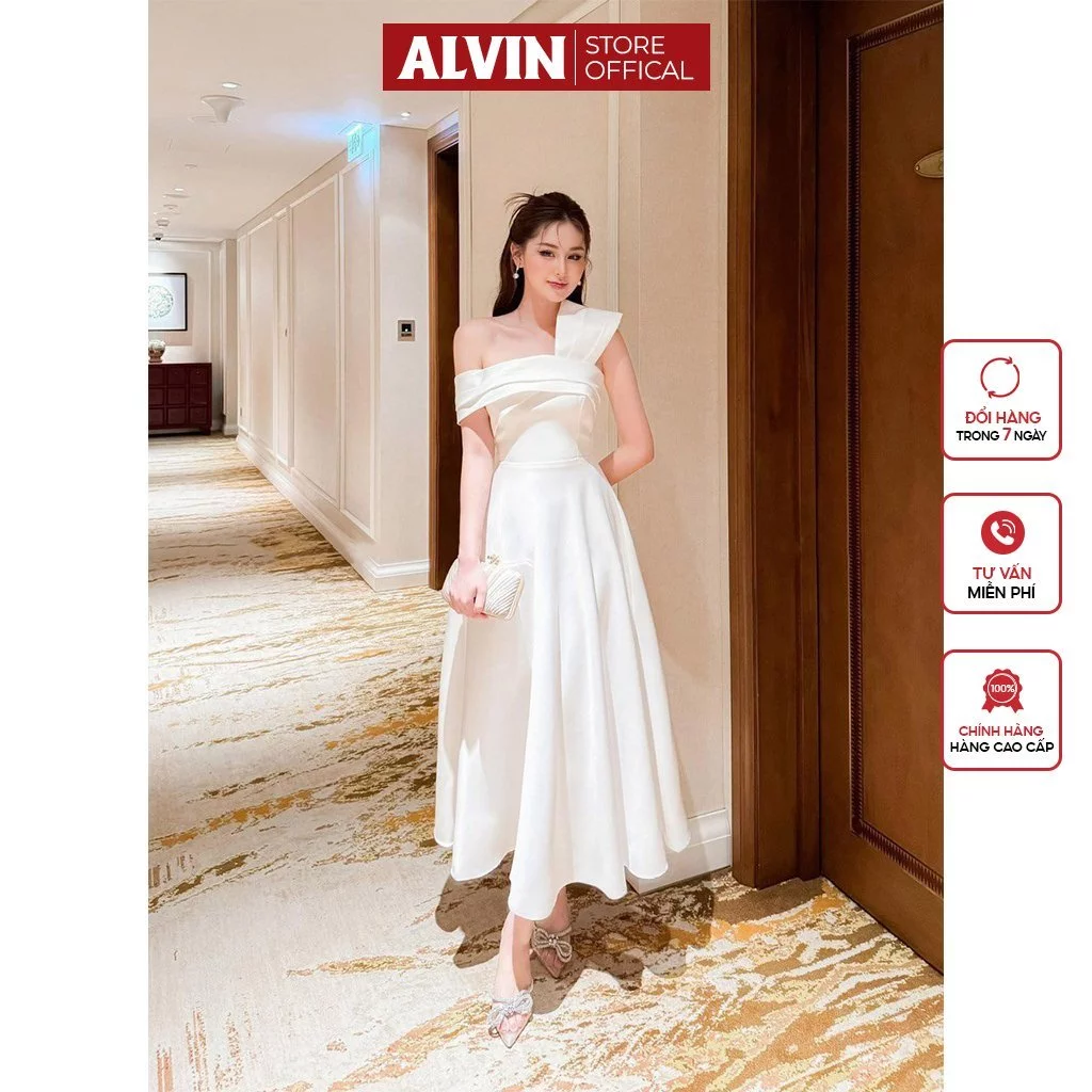 Đầm Dự Tiệc Dáng Xoè Lệch Vai Phối Nơ Sang Trọng Alvin Store 2946
