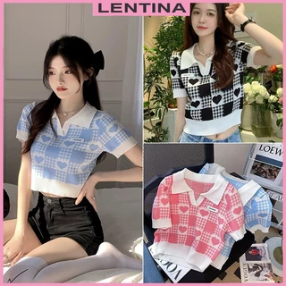 Áo polo len mongtoghi croptop nữ tay ngắn kiểu kẻ sọc caro tim cổ bẻ bo gấu dệt kim đẹp Quảng Châu