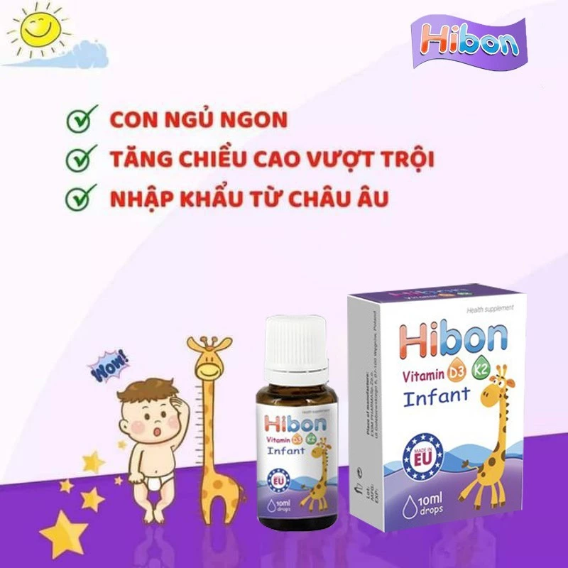 Vitamin D3K2 Infant Hibon - Hỗ Trợ Hấp Thu Canxi, Giúp Xương, Răng Chắc Khỏe (10ml)