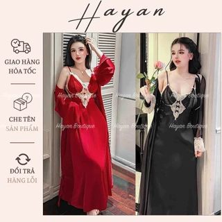 HT853 Set váy ngủ và áo choàng LyLy sexy tay phối ren gợi cảm, đồ ngủ lụa mặc nhà sang chảnh HT853