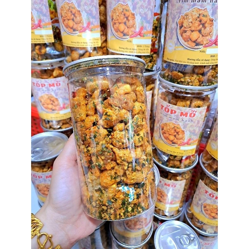 Tốp mỡ giòn sốt mắm hành hộp 250gram, đồ ăn vặt ngon - Ăn vặt Thi Thi