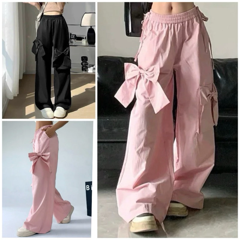 Quần ống rộng nữ túi hộp may dập ly, quần dài nơ hồng dáng xuông chất đũi nhăn