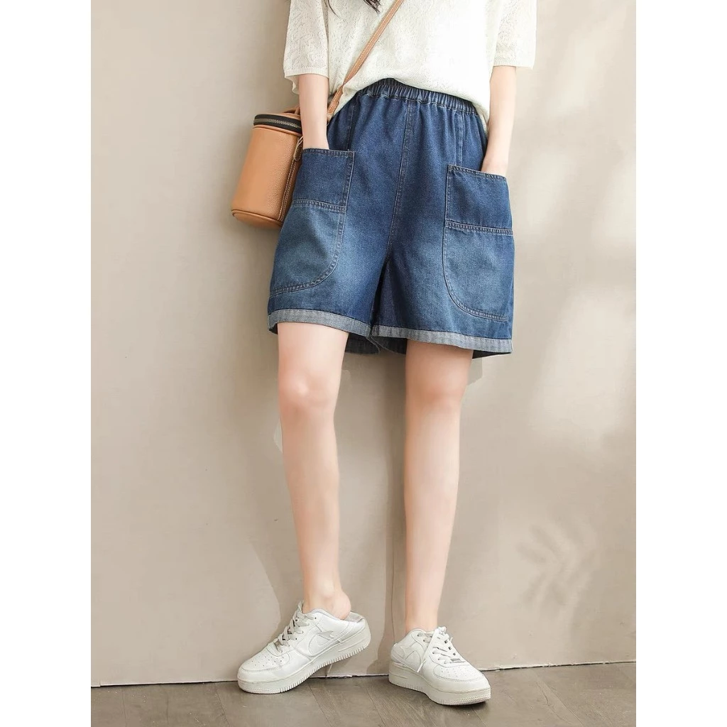 Quần short nữ vải bò giấy túi rộng dáng rộng gập gấu - Quần Áo Huyền Anh [M50]