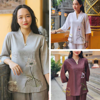 [Ảnh thật ] Bộ pháp phục đi chùa cổ tim thêu hoa sen, chất linen Ấn cao cấp, mát mẻ không nhăn. Quần suông, có big size.