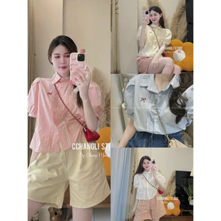 [NEW]Áo Sơmi Thêu Nơ Tay Bồng C.Moon dập li ngực dáng croptop style Ulzzang